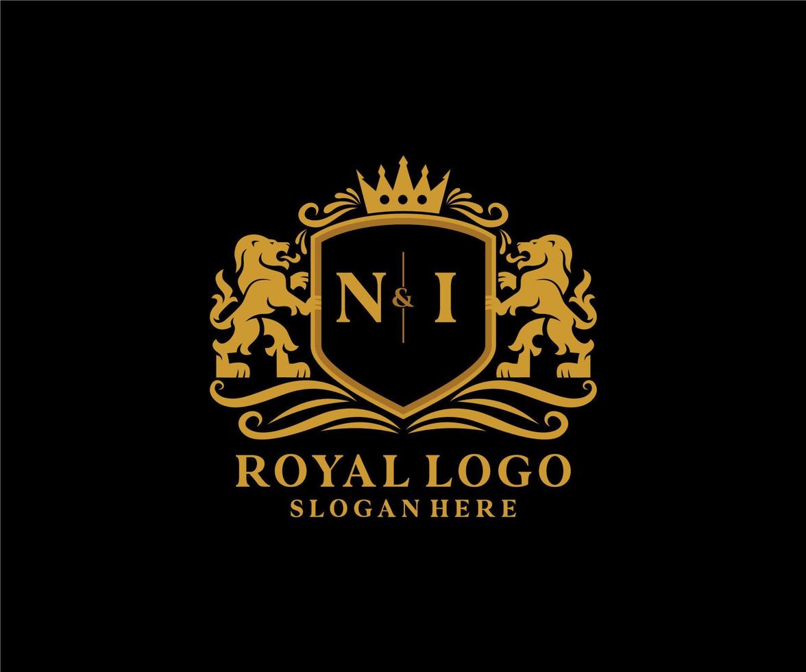 eerste ni brief leeuw Koninklijk luxe logo sjabloon in vector kunst voor restaurant, royalty, boetiek, cafe, hotel, heraldisch, sieraden, mode en andere vector illustratie.
