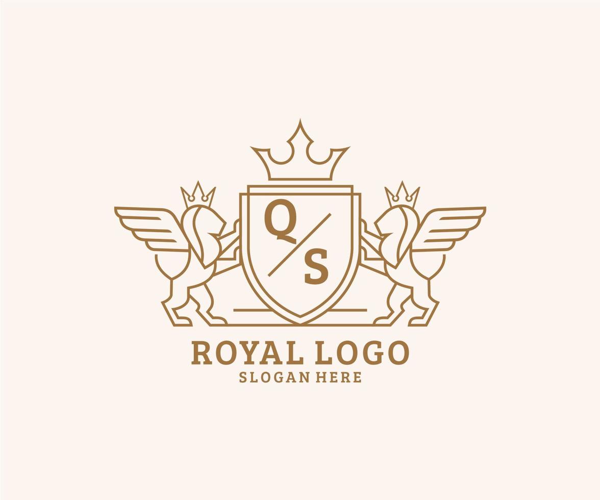 eerste qs brief leeuw Koninklijk luxe heraldisch, wapen logo sjabloon in vector kunst voor restaurant, royalty, boetiek, cafe, hotel, heraldisch, sieraden, mode en andere vector illustratie.