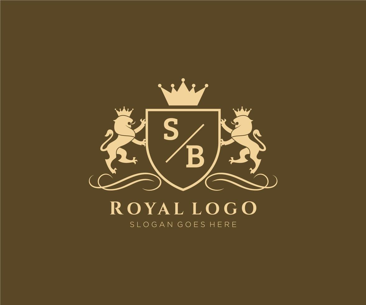 eerste sb brief leeuw Koninklijk luxe heraldisch, wapen logo sjabloon in vector kunst voor restaurant, royalty, boetiek, cafe, hotel, heraldisch, sieraden, mode en andere vector illustratie.