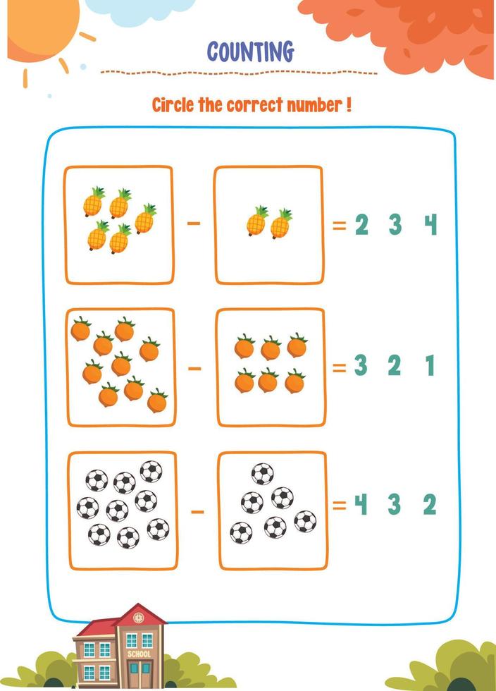 aan het leren tellen, toevoeging, aftrekken voor kinderen met schattig afbeeldingen Leuk vinden dieren, voedsel, drankjes, speelgoed, fruit en groenten vector