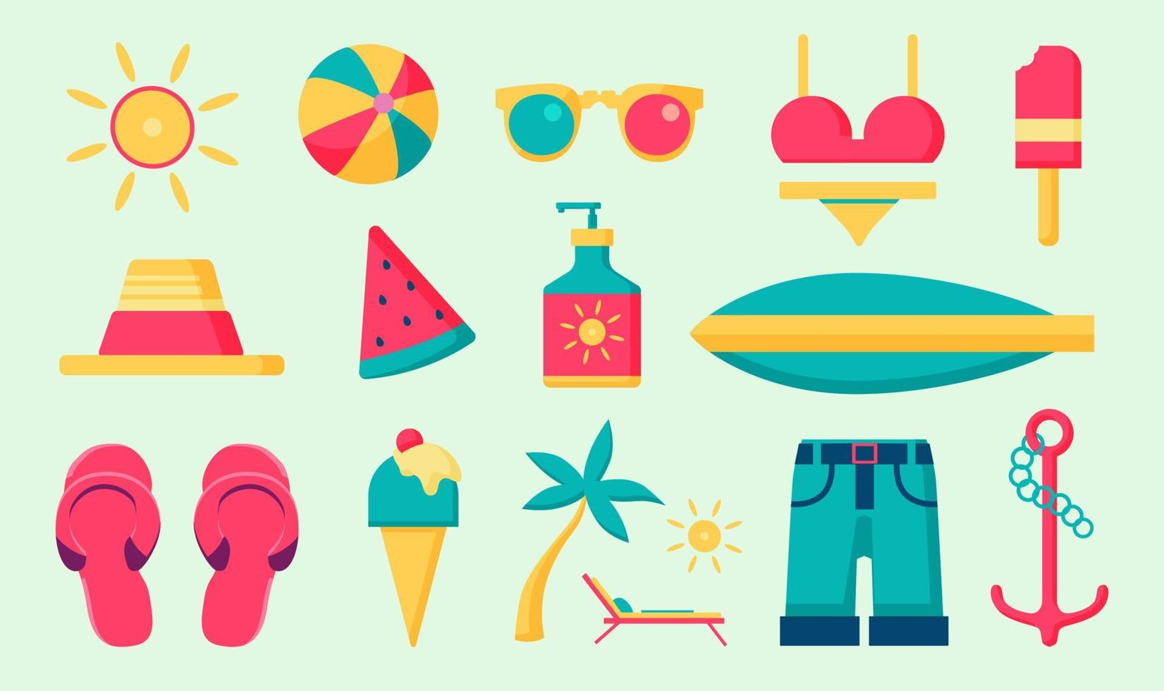 vector verzameling van zomer voorwerpen in een vlak stijl, gemakkelijk zomer stickers, seizoensgebonden illustraties.