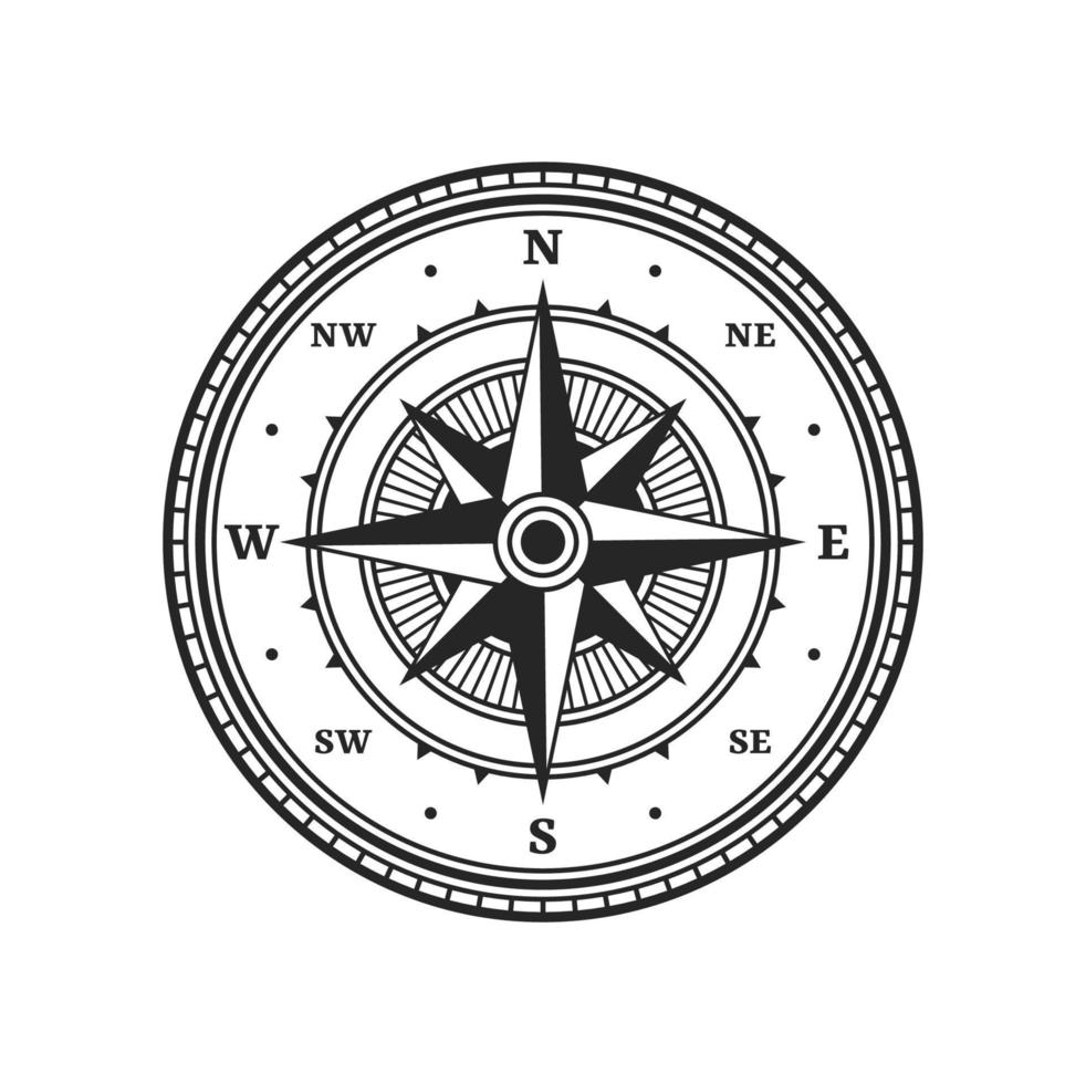 oud kompas, wijnoogst kaart wind roos navigatie teken vector