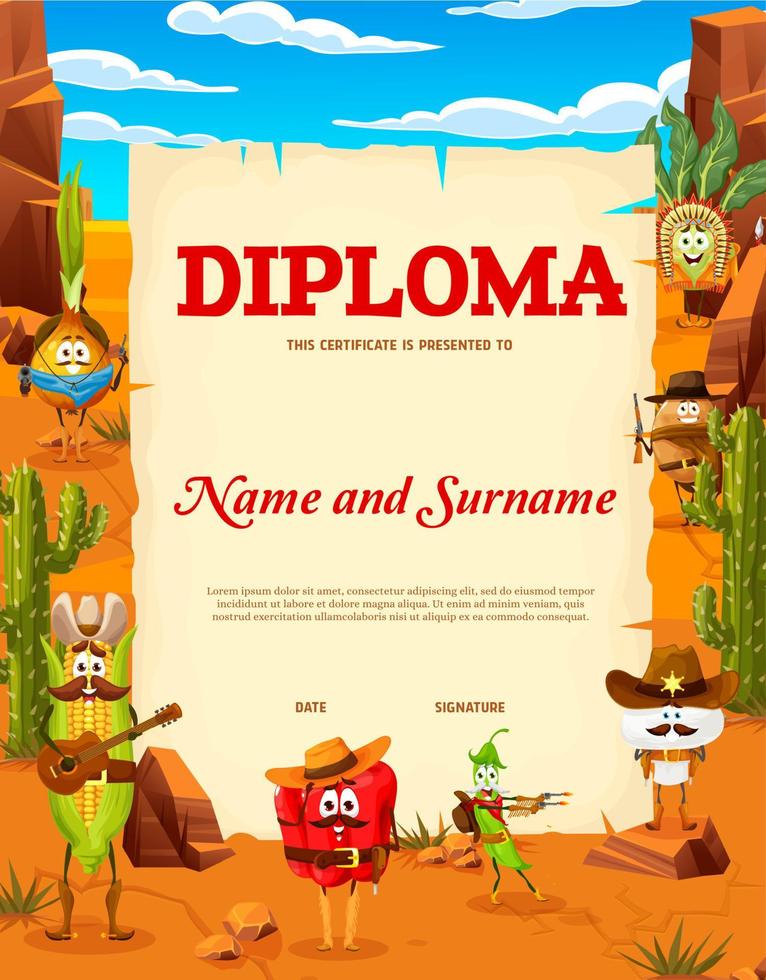 kinderen diploma, tekenfilm cowboy, sheriff groenten vector