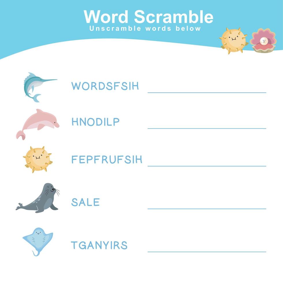spelling woord door elkaar haspelen spel zee dieren editie. werkblad voor aan het leren engels. leerzaam werkzaamheid voor peuter- kinderen. vector illustratie.