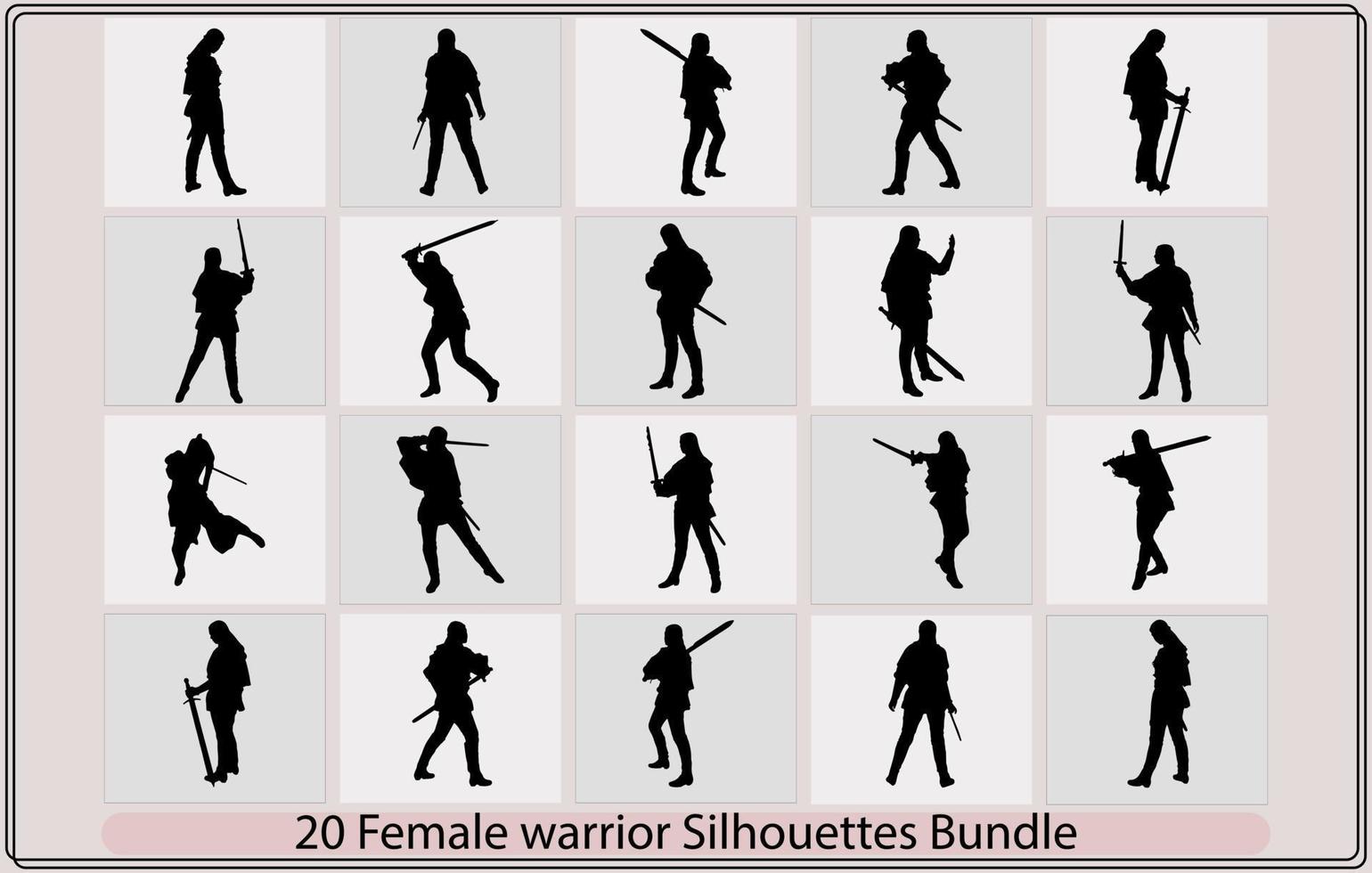 ridder vrouw silhouet. gestileerde silhouet van wandelen vrouw krijger met zwaard, vector silhouet van een fantasie vrouw krijger boogschutter het richten Bij haar doelwit