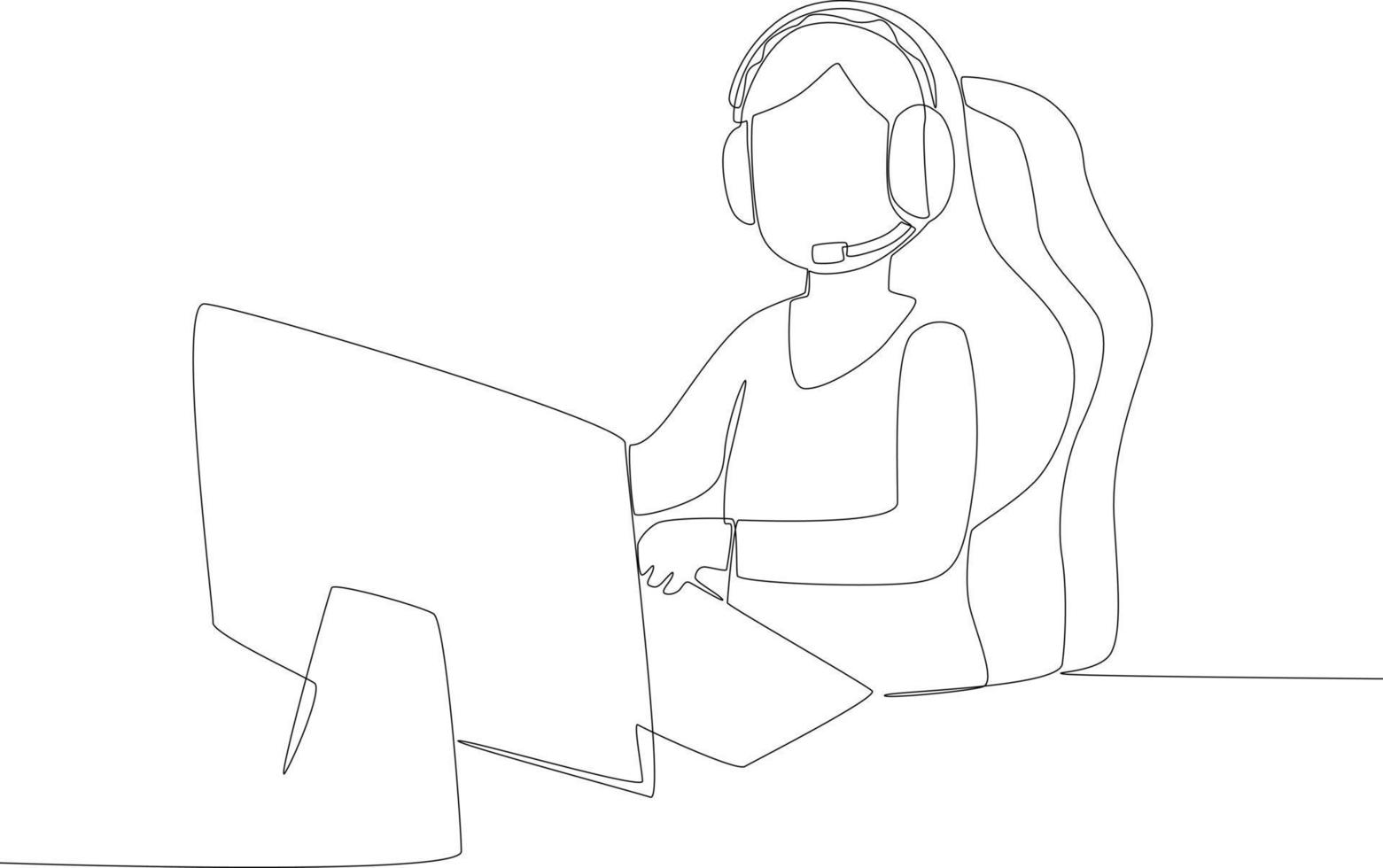 een vrouw spelen spellen Aan een pc en vervelend een koptelefoon vector