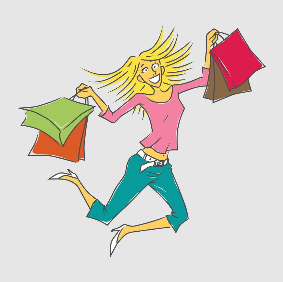 een meisje met boodschappen doen Tassen jumping met een glimlach illustratie vector