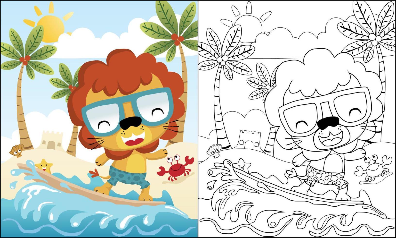 kleur boek van schattig leeuw tekenfilm surfing in de strand Bij zomer vakantie vector