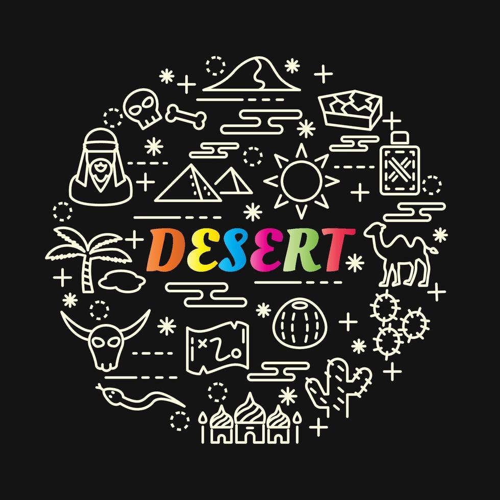 woestijn kleurrijke gradiënt belettering met lijn pictogrammen vector