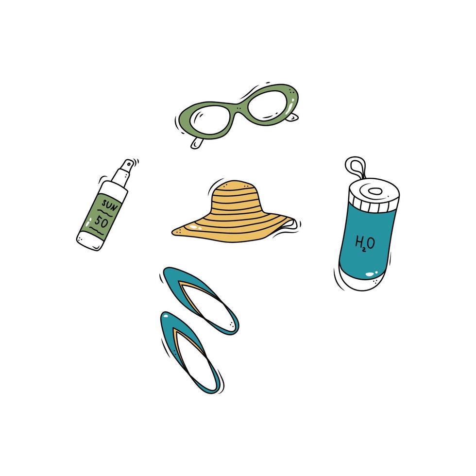tekening zomer reeks van strand accessoires zonnebril, hoed, spf room, water, leien. hand- getrokken schetsen stijl vector