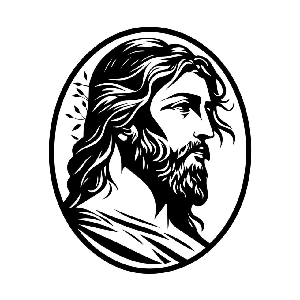 elegant monochroom vector illustratie van Jezus van christus sereen gezicht in een circulaire kader. perfect voor religieus, spiritueel, en inspirerend ontwerpen, kaarten, en afdrukken.