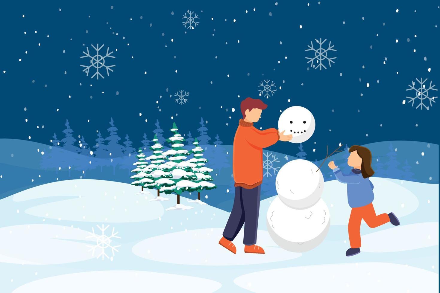 een jongen en een kind zijn gebouw een sneeuwman. vector