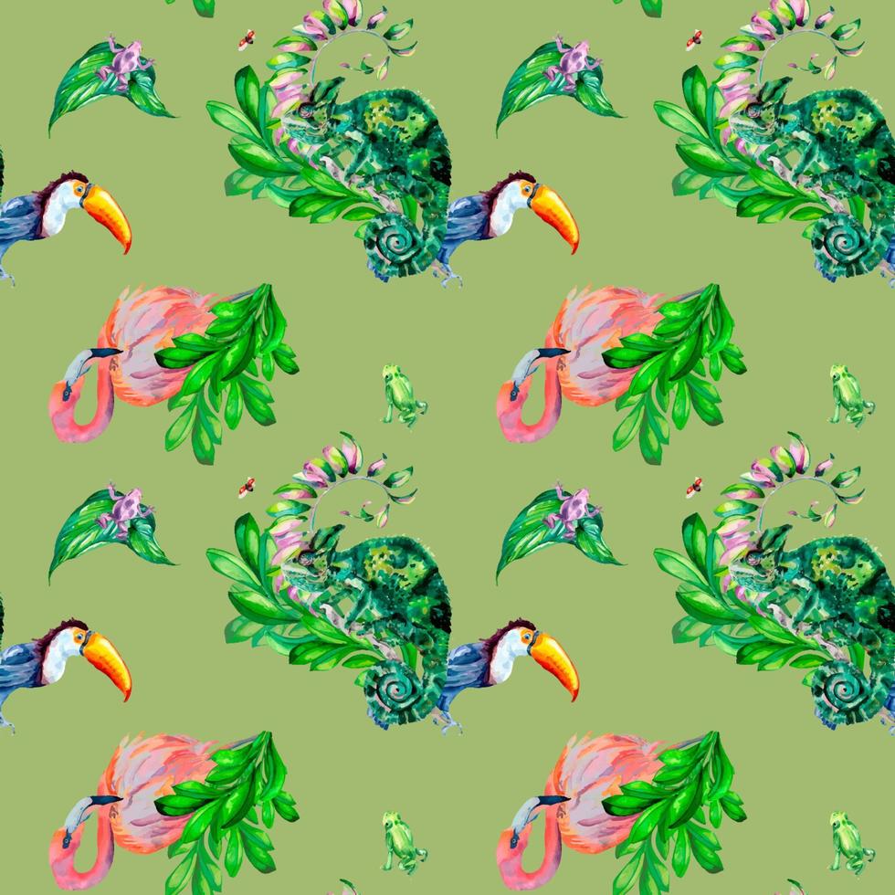 tropisch dieren met bloemen overladen waterverf illustratie naadloos patroon Aan groente. vogel flamingo, toekan, kameleon en kikkers hand- geschilderd. ontwerp voor inpakken, textiel, behang, achtergrond vector