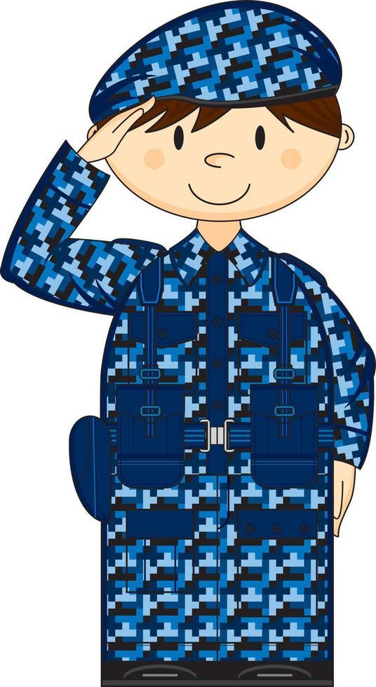 tekenfilm groeten leger soldaat in blauw camouflage leger geschiedenis illustratie vector