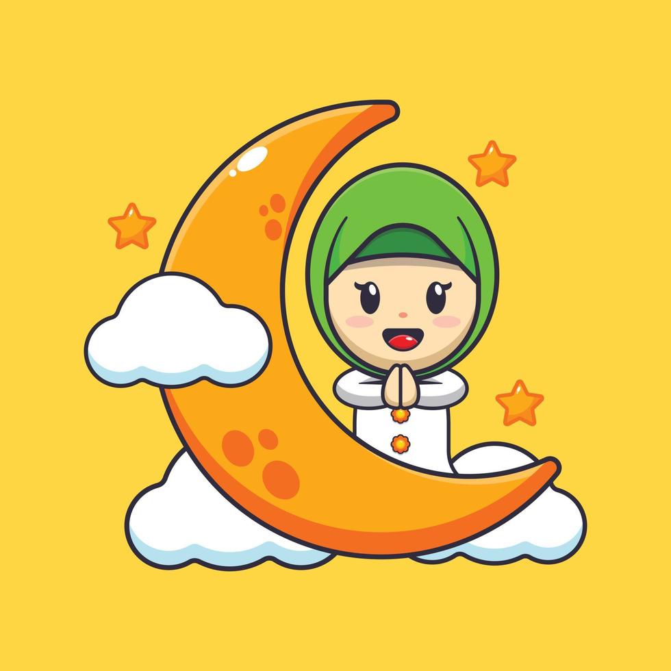 schattig meisje met maan in Ramadan. Ramadan tekenfilm mascotte vector illustratie.