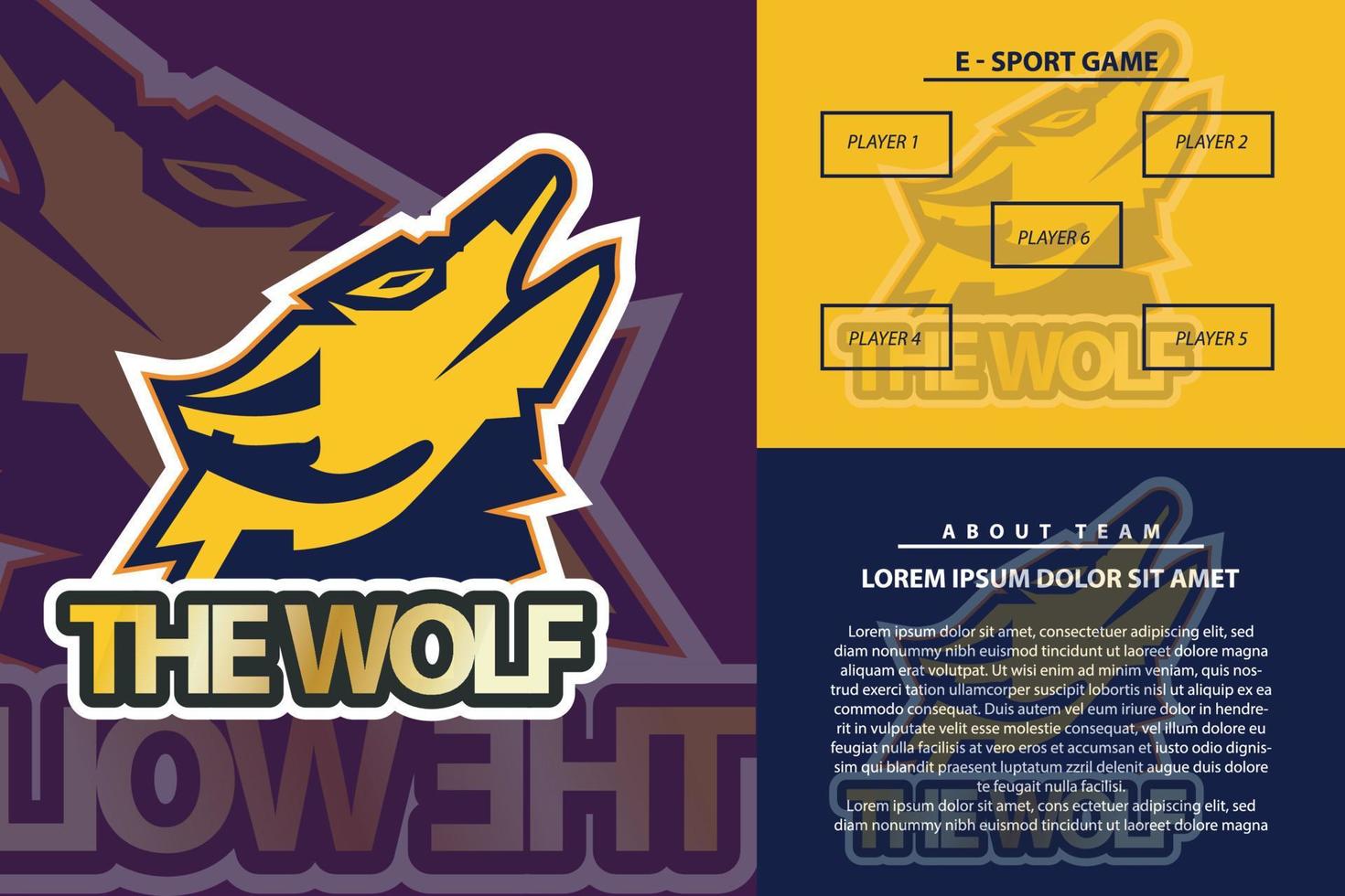 modern en creatief wolf logo geïsoleerd e sport- toernooi insigne logo vector voor gaming liga of sport- team vector illustratie met mockup presentatie