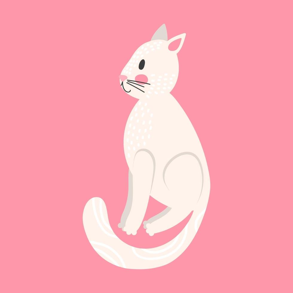 leuke cartoon grappige witte kat. print voor kinder t-shirts en kleding. geïsoleerd op roze achtergrond. vector