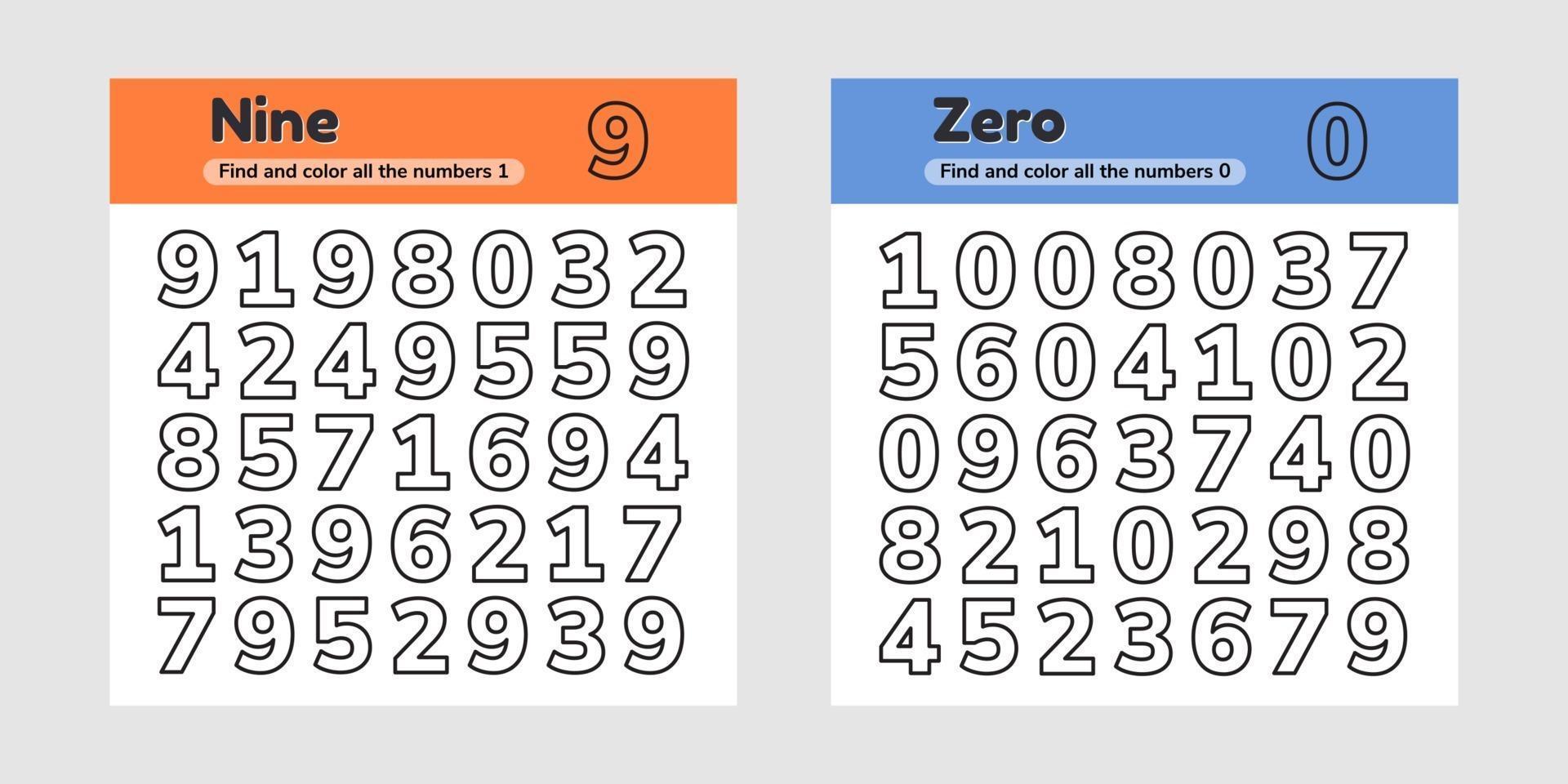 educatief werkblad instellen voor kinderen, kleuterschool, voorschoolse en leerplichtige leeftijd. nummers. zoek en kleur. vector