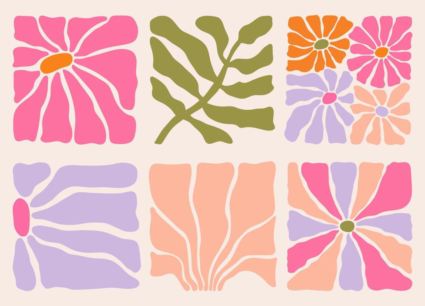 groovy tekening en abstract biologisch fabriek vormen kunst set. abstract botanisch elementen set. matisse bloemen posters in modieus retro Jaren 60 jaren 70 stijl. vector