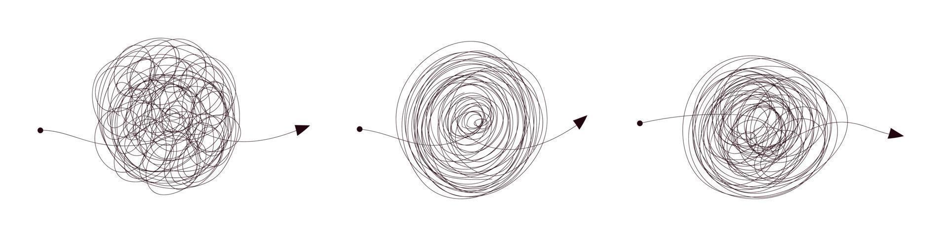 pijl verward lijn. rommelig tekening kattebelletje icoon. complex en gemakkelijk manier. chaos lijn knoop . vector geïsoleerd illustratie