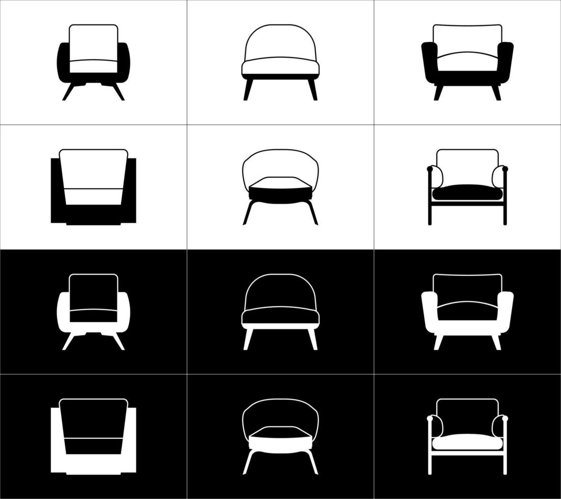 fauteuil pictogrammen set. vector illustratie. zwart en wit kleuren.