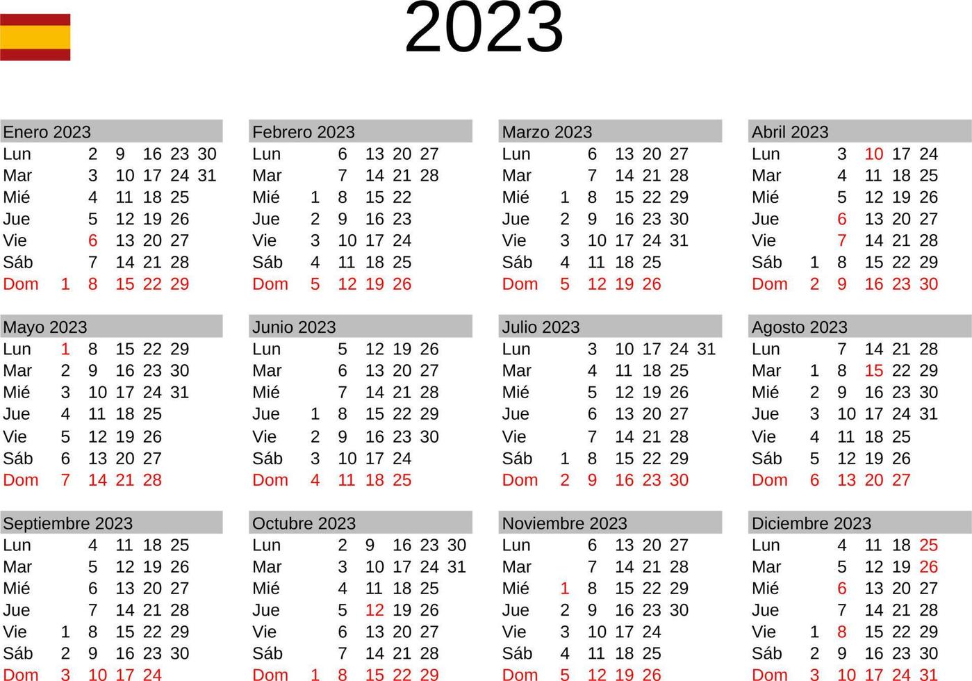 jaar 2023 kalender in Spaans met Spanje vakantie vector