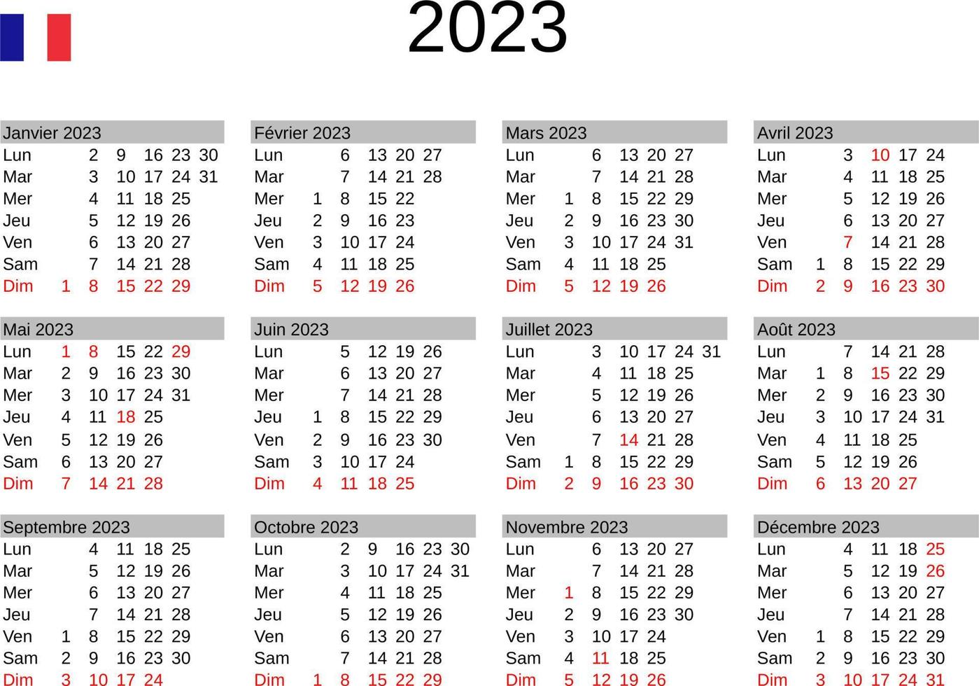 jaar 2023 kalender in Frans met Frankrijk vakantie vector