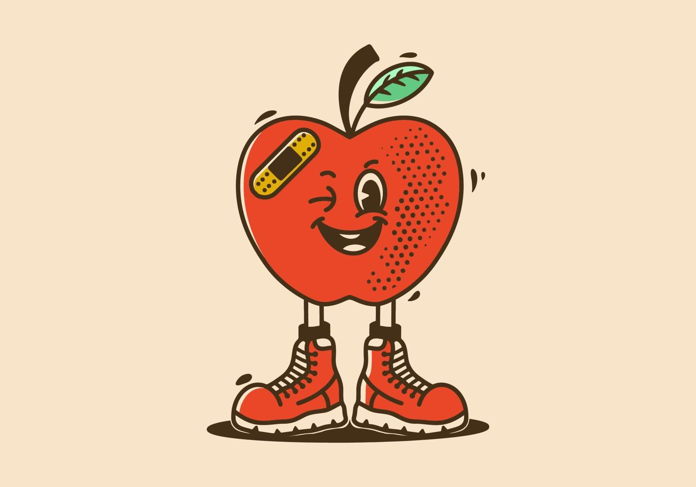 karakter illustratie ontwerp van een rood appel met glimlachen gezicht en vervelend laarzen schoenen vector
