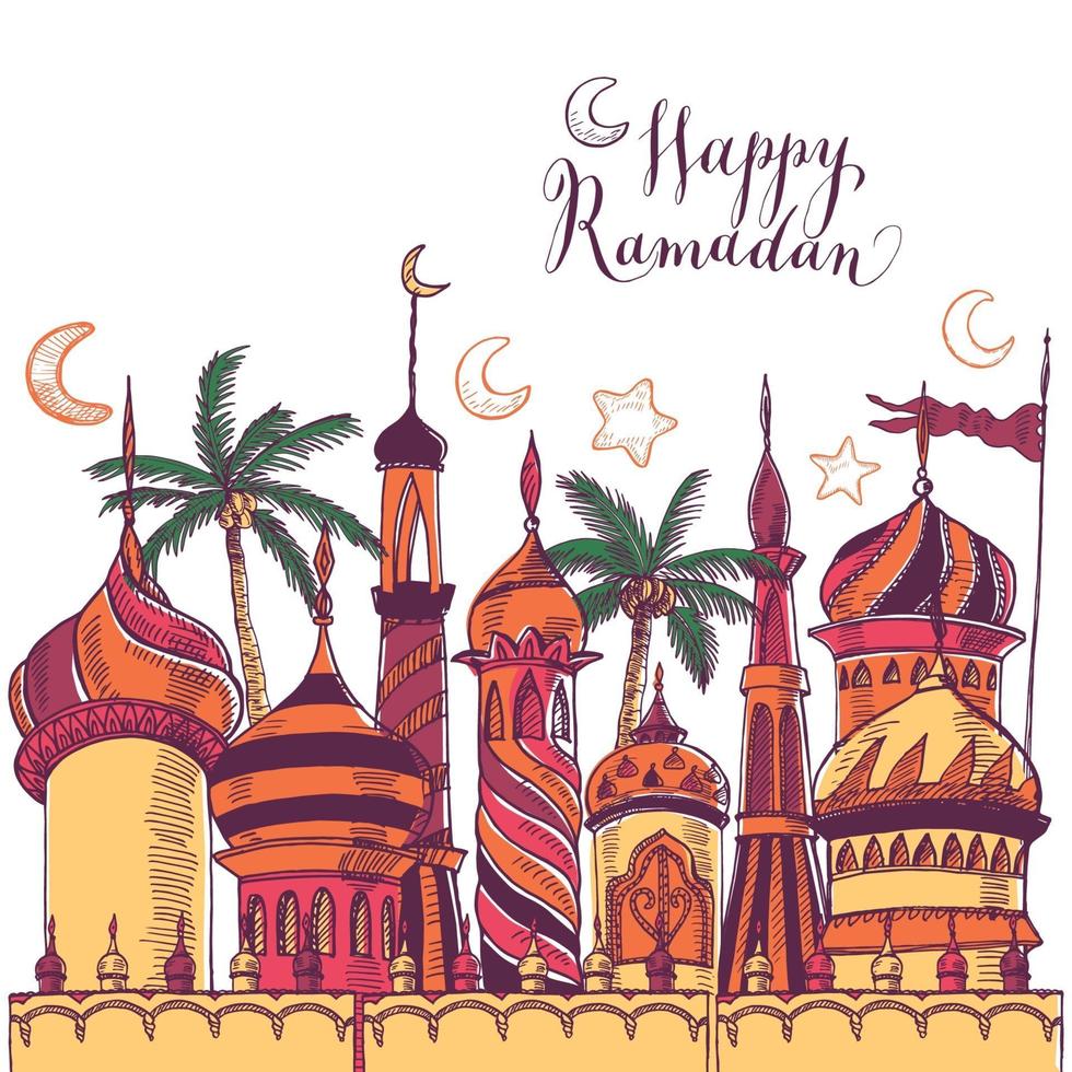 ramadan groet illustratie met silhouet van moskeeën vector