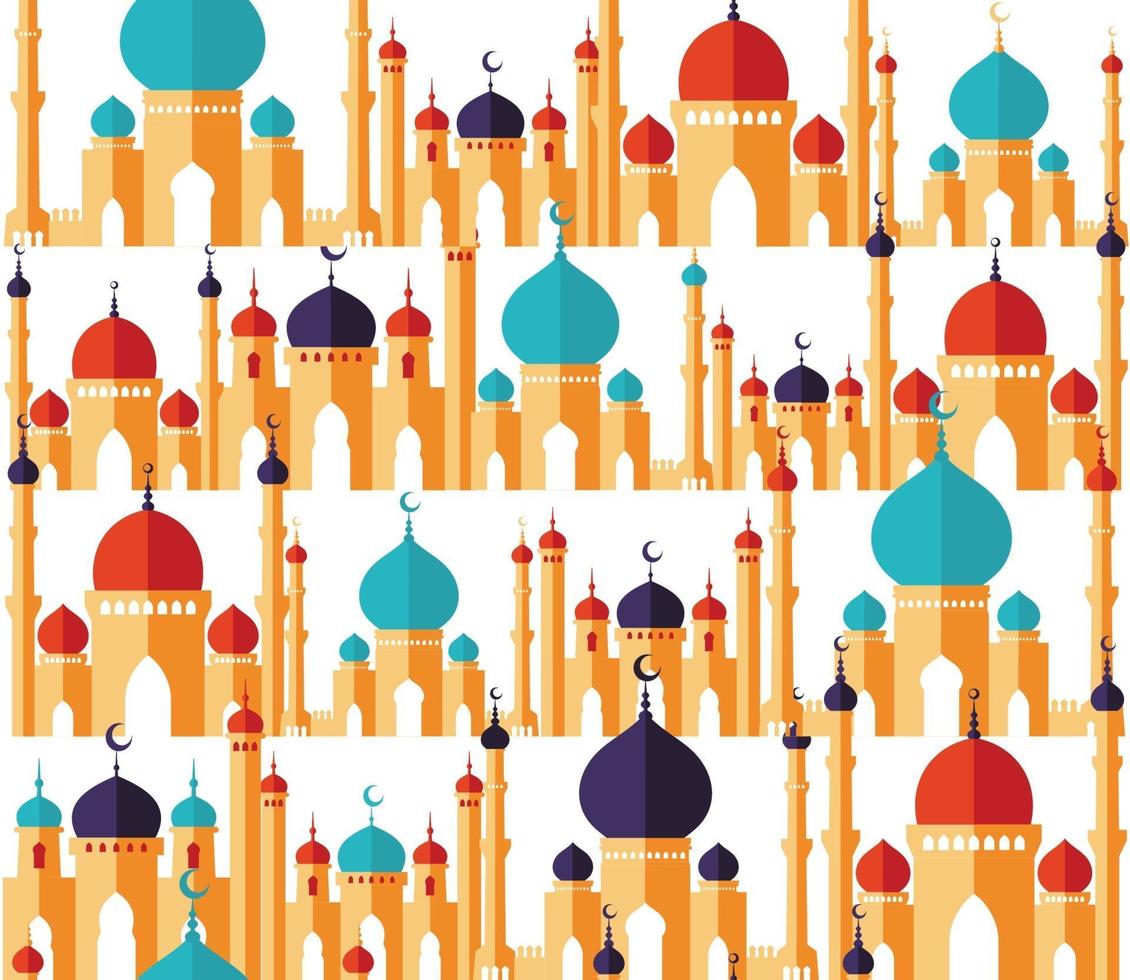 islamitische mooie ontwerpsjabloon. naadloze patroon van moskeeën in vlakke stijl. ramadan kareem-wenskaart, spandoek, omslag of poster. vector