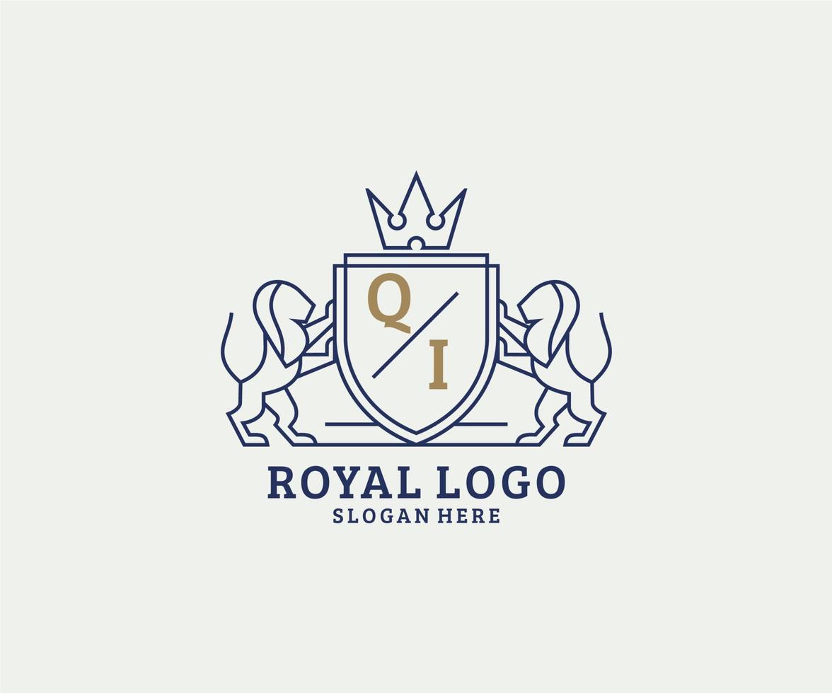 eerste qi brief leeuw Koninklijk luxe logo sjabloon in vector kunst voor restaurant, royalty, boetiek, cafe, hotel, heraldisch, sieraden, mode en andere vector illustratie.