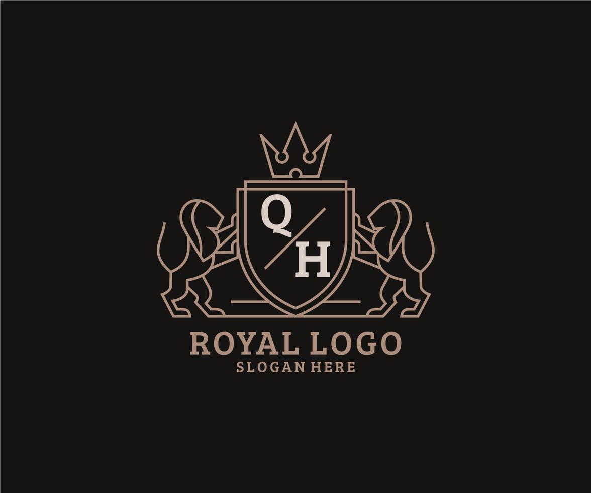 eerste qh brief leeuw Koninklijk luxe logo sjabloon in vector kunst voor restaurant, royalty, boetiek, cafe, hotel, heraldisch, sieraden, mode en andere vector illustratie.