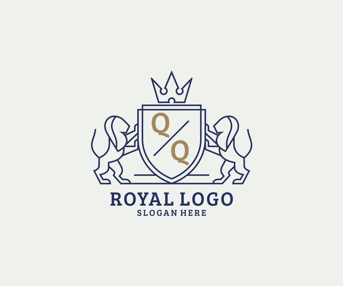 eerste qq brief leeuw Koninklijk luxe logo sjabloon in vector kunst voor restaurant, royalty, boetiek, cafe, hotel, heraldisch, sieraden, mode en andere vector illustratie.