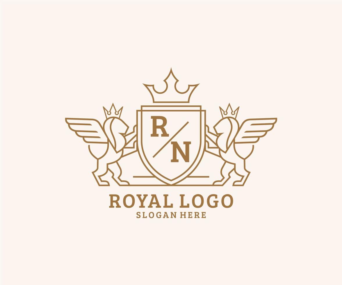 eerste rn brief leeuw Koninklijk luxe heraldisch, wapen logo sjabloon in vector kunst voor restaurant, royalty, boetiek, cafe, hotel, heraldisch, sieraden, mode en andere vector illustratie.