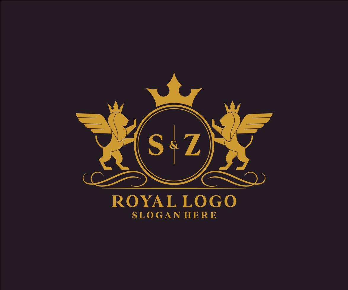 eerste sz brief leeuw Koninklijk luxe heraldisch, wapen logo sjabloon in vector kunst voor restaurant, royalty, boetiek, cafe, hotel, heraldisch, sieraden, mode en andere vector illustratie.