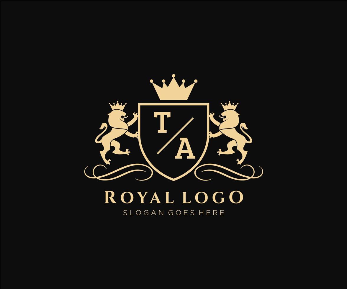 eerste ta brief leeuw Koninklijk luxe heraldisch, wapen logo sjabloon in vector kunst voor restaurant, royalty, boetiek, cafe, hotel, heraldisch, sieraden, mode en andere vector illustratie.