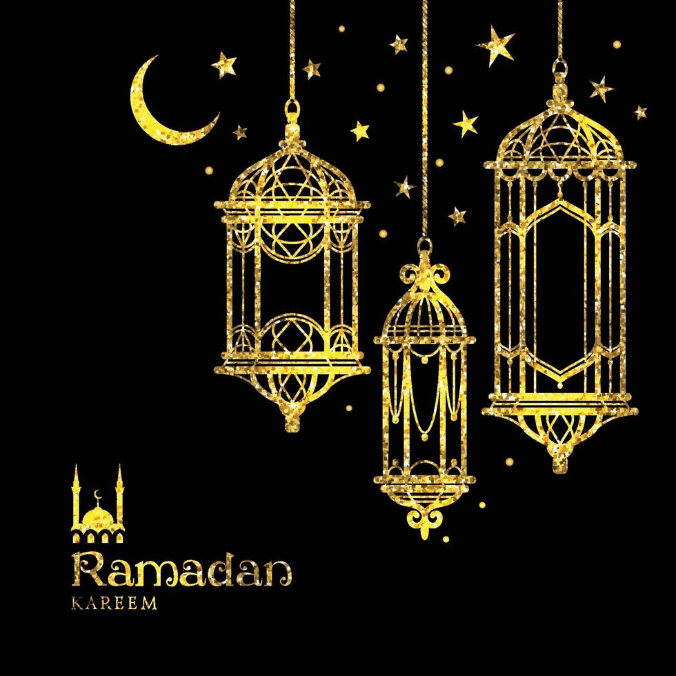 wenskaart ramadan kareem-ontwerp met lampen en manen. vector