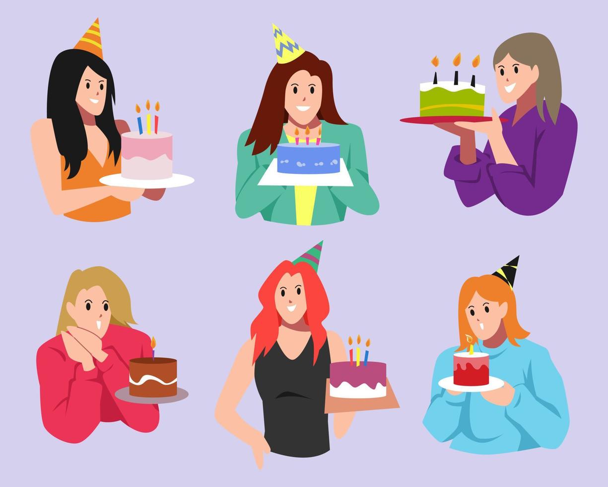 reeks van vrouw tekenfilm karakter en verjaardag taart. concept van viering, verjaardag, feest. voor groet kaart, afdrukken, poster, sticker. vlak vector illustratie.