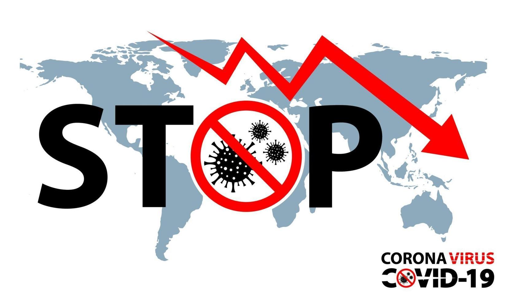 tekst stop waarschuwingsbord coronavirus covid 19 op kaart aarde vector