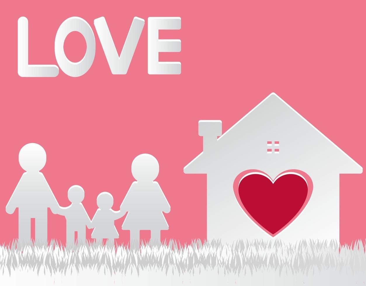 papier gesneden vector. gelukkige familie thuis pappa en mamma staande handbewegingen met jongen en meisje. het huis met het hart met liefde. vector