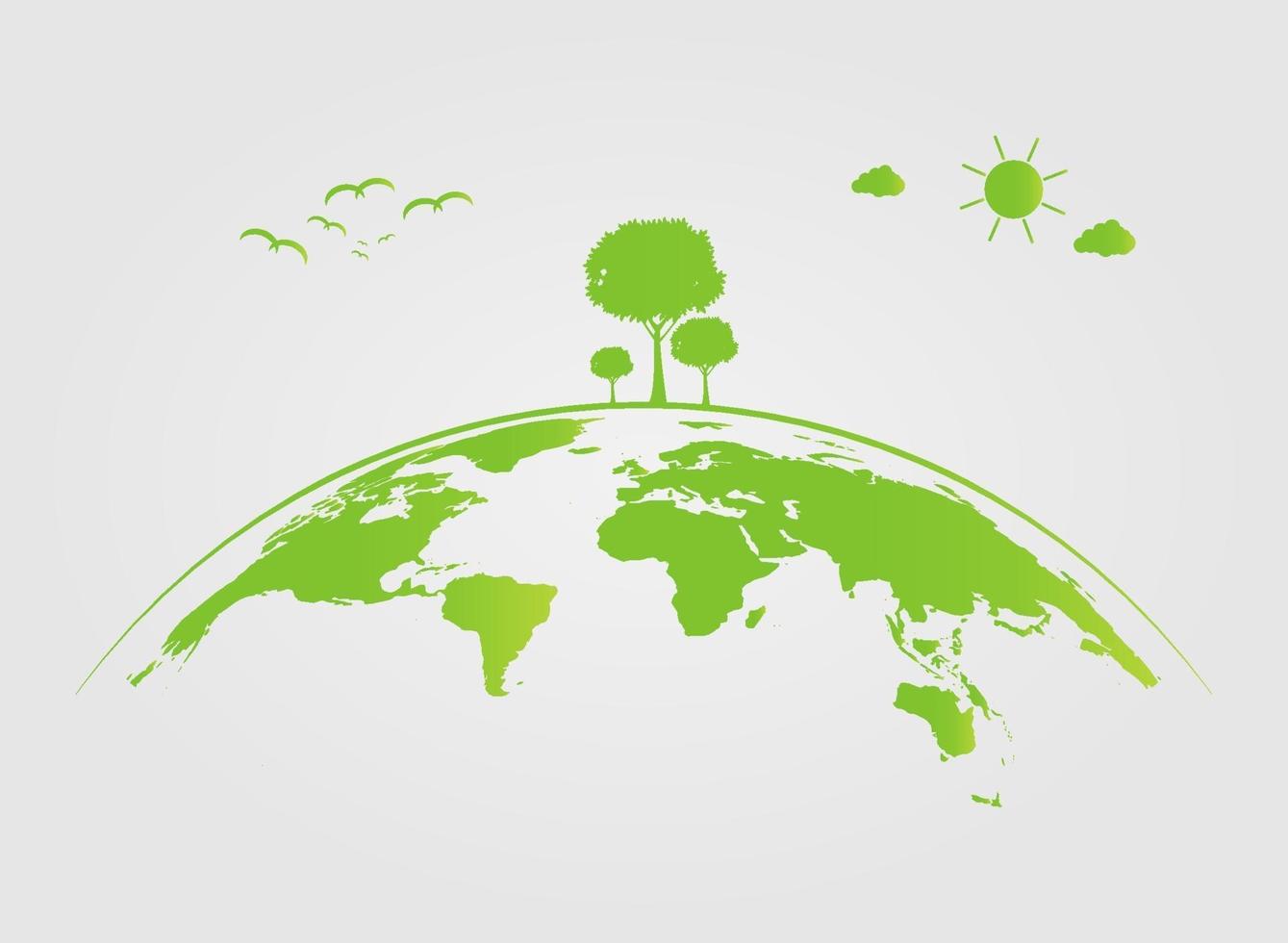ecologie, boom op aarde steden helpen de wereld met milieuvriendelijke conceptideeën. vector illustratie
