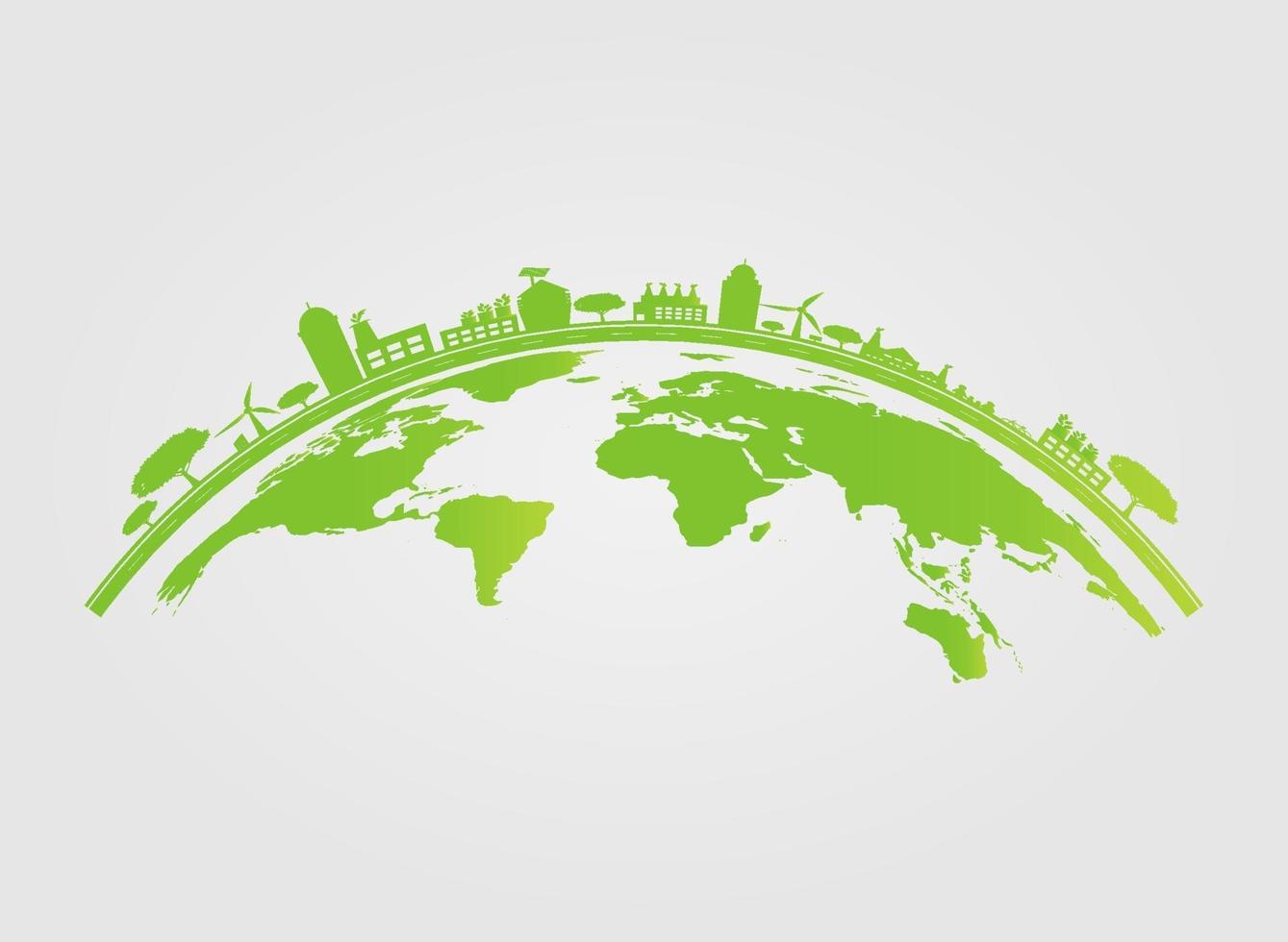 ecologie. groene steden helpen de wereld met milieuvriendelijke conceptideeën. vector illustratie