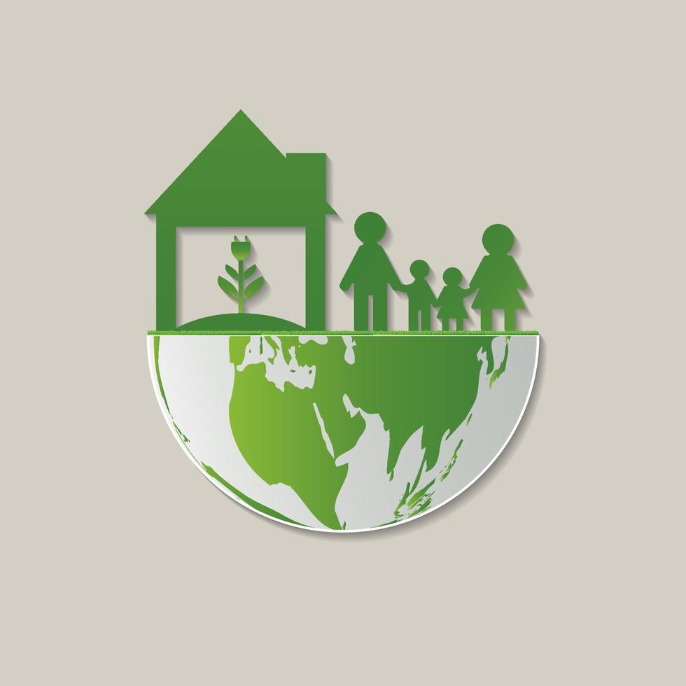 ecologie familie red het wereldconcept. groen huis helpt de wereld met milieuvriendelijk idee. vector illustratie