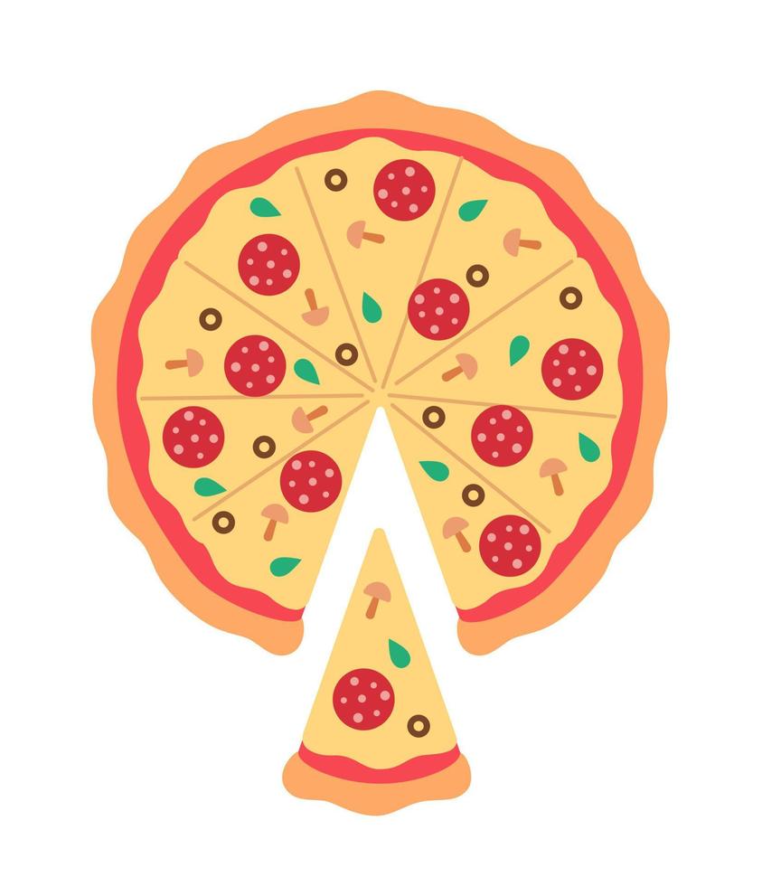 snijdend peperoni pizza in plakjes semi vlak kleur vector voorwerp. Italiaans restaurant, pizzeria maaltijd. bewerkbare tekenfilm stijl icoon Aan wit. gemakkelijk plek illustratie voor web grafisch ontwerp en animatie