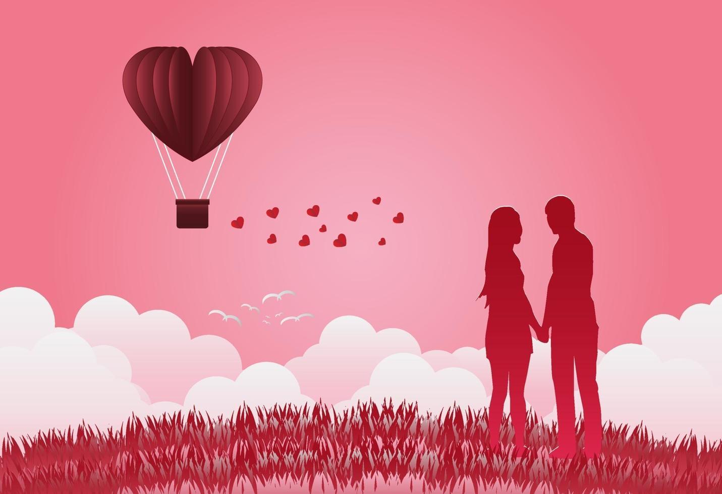 Valentijnsdag ballonnen in een hartvormige vliegen over gras weergave achtergrond, hand in hand staan, liefde tonen aan elkaar. papier kunststijl. vector illustrator