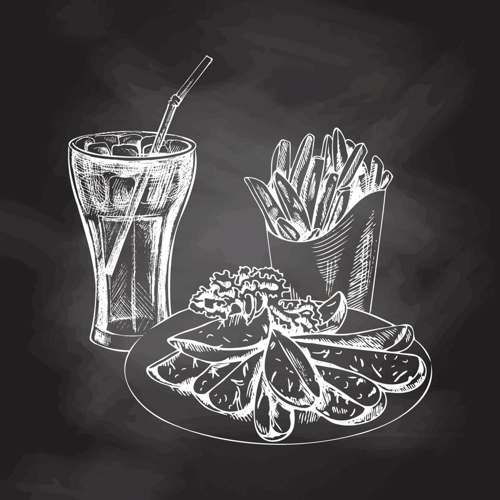 hand getekend wit schetsen van Frans Patat karton doos, cola glas en bord met plakjes van gebakken aardappelen geïsoleerd Aan krijt achtergrond. monochroom rommel voedsel wijnoogst illustratie. Super goed voor menu vector