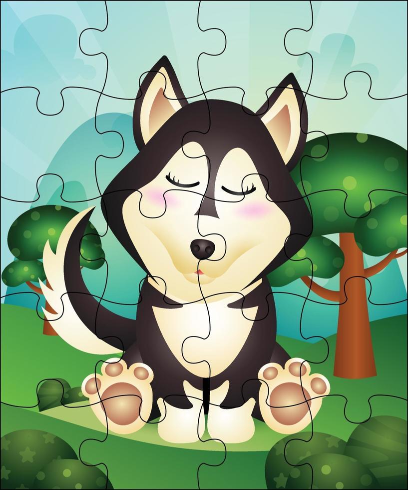 puzzelspel illustratie voor kinderen met schattige husky hond vector