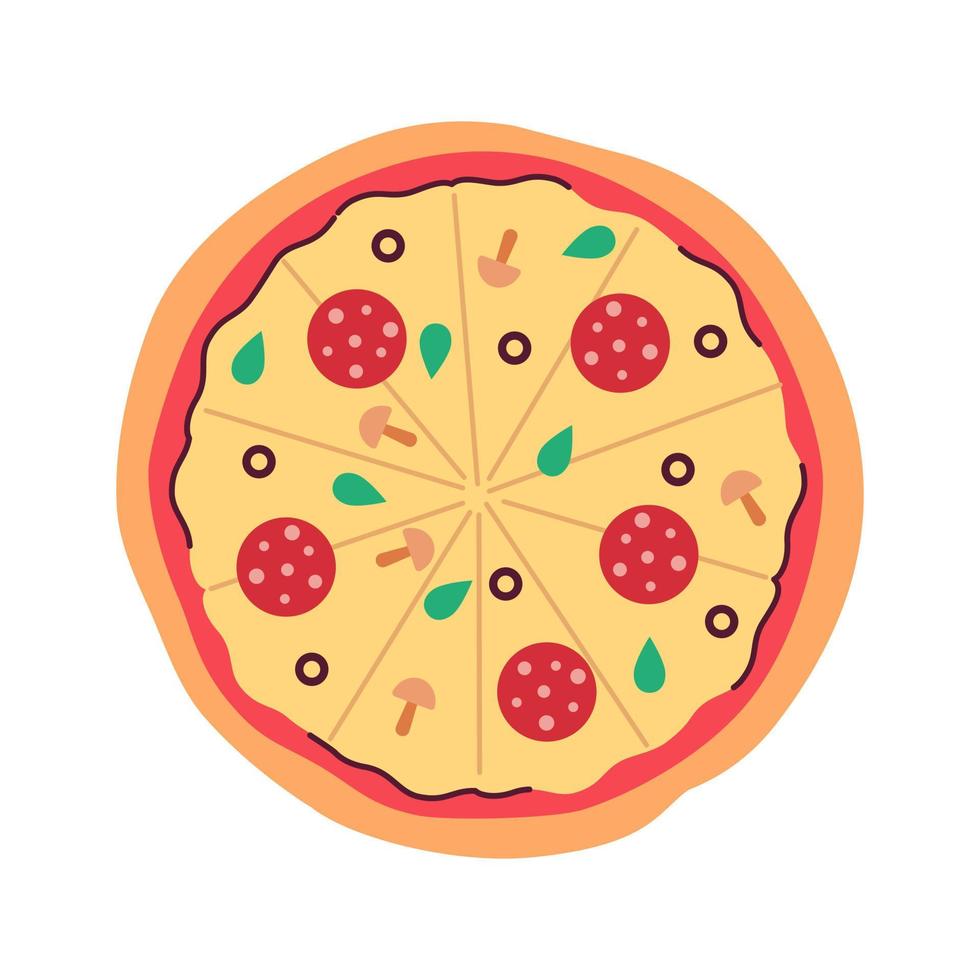 groot ronde peperoni pizza met kaas semi vlak kleur vector voorwerp. eigengemaakt gebakken salami voedsel. bewerkbare tekenfilm stijl icoon Aan wit. gemakkelijk plek illustratie voor web grafisch ontwerp en animatie