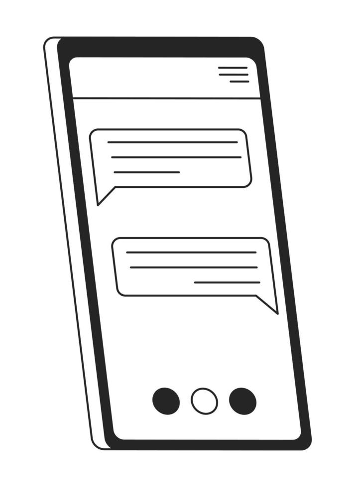 gekantelde mobiel telefoon met gesprek in boodschapper vlak lijn zwart wit vector voorwerp. bewerkbare tekenfilm stijl icoon. gemakkelijk geïsoleerd schets plek illustratie voor web grafisch ontwerp en animatie
