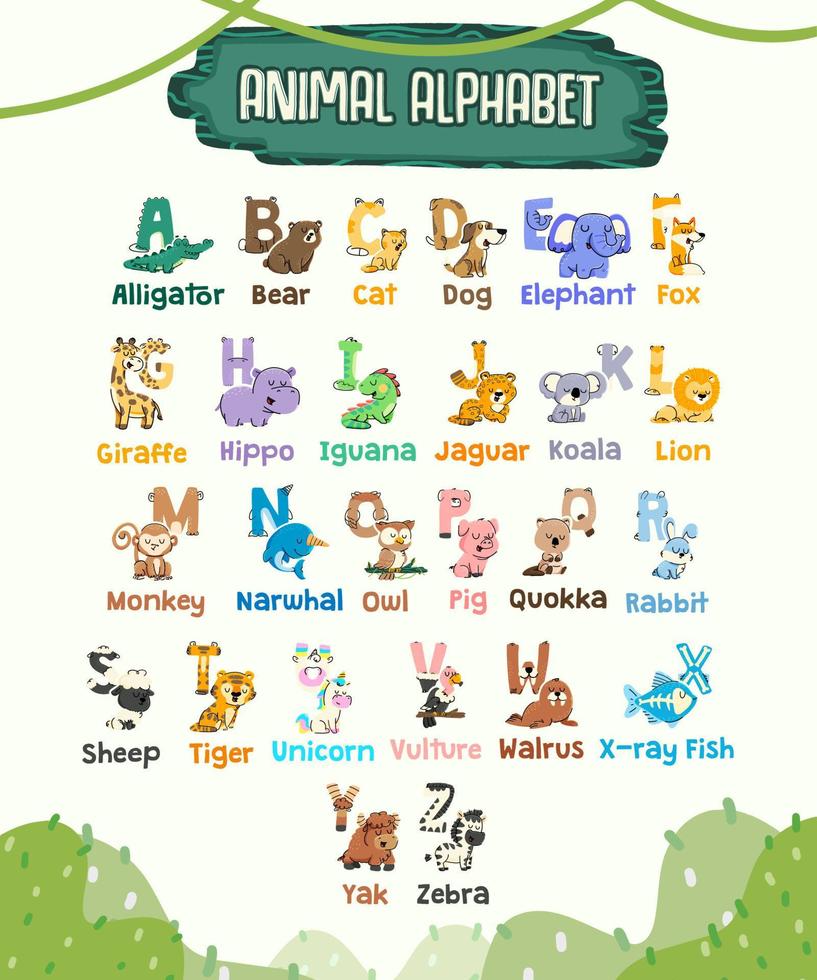 vector dier alfabet met schattig tekenfilm dieren en brieven.